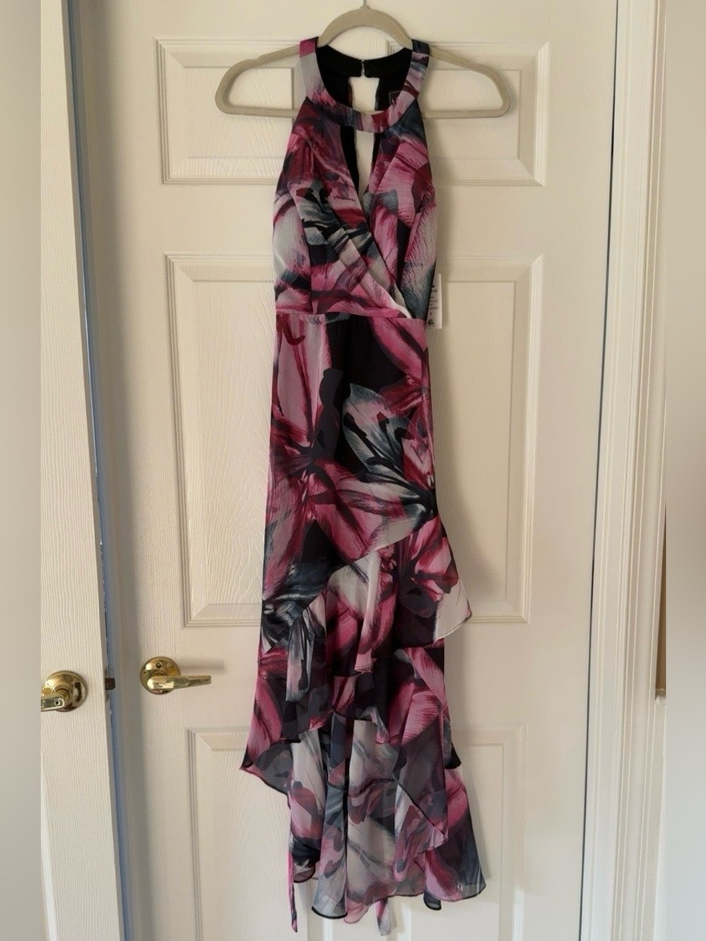 NWT Nightway Floral High Low Ruffle Dress Size 4 Pink Black